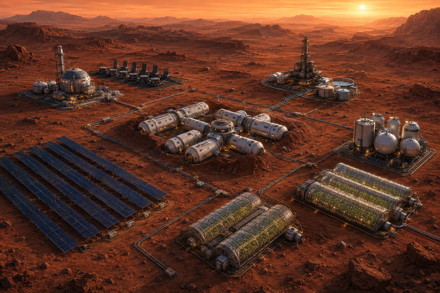 火星コロニーの発電・居住・栽培・資源設備の構想イラスト