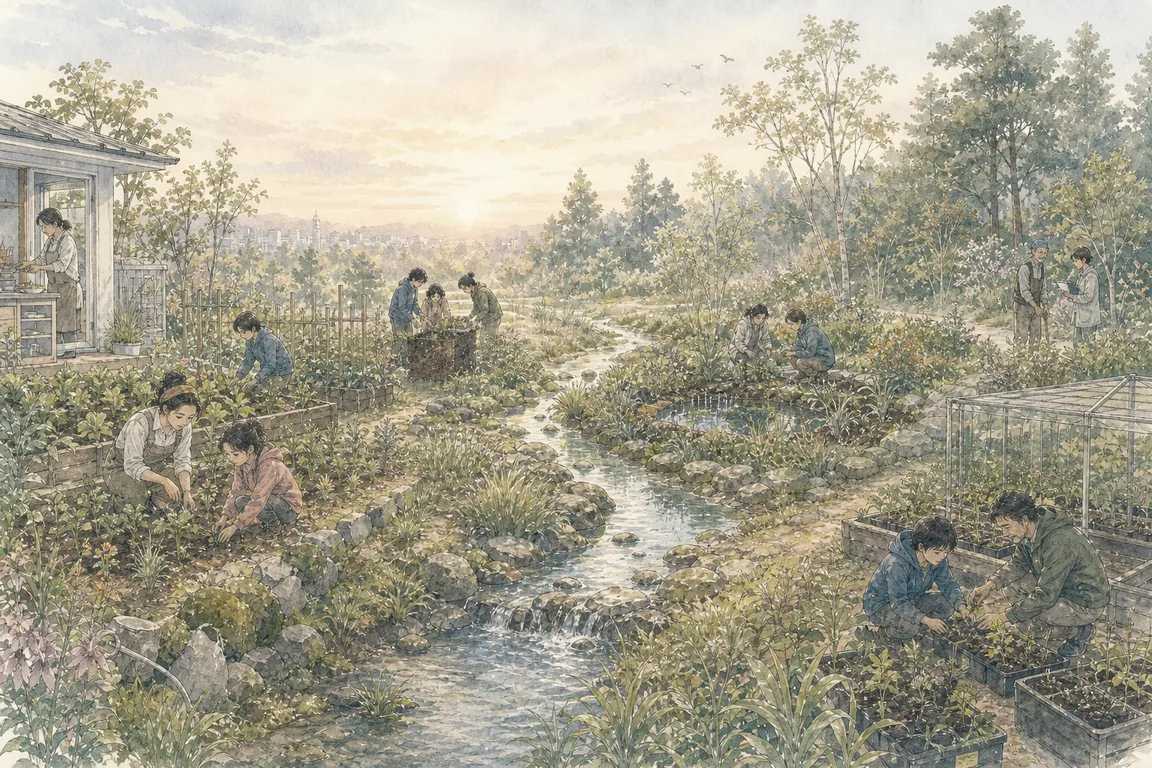 A connected ecology field lab observing comparison plots, water, vegetation, and soil across farms, forests, cities, and regional cycles in every supported region