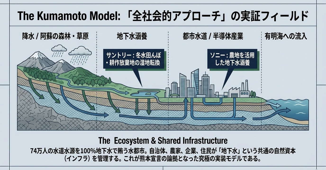 ネイチャーポジティブの要点をまとめた図: 熊本で進む、地域ぐるみの取り組み