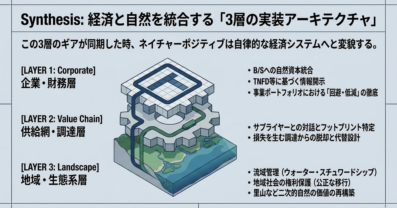 ネイチャーポジティブの要点をまとめた図: 企業・供給網・地域の3つで取り組む