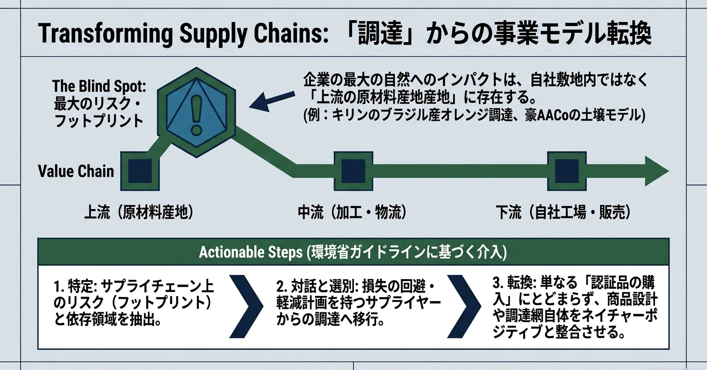 ネイチャーポジティブの要点をまとめた図: 調達から見直す事業モデル