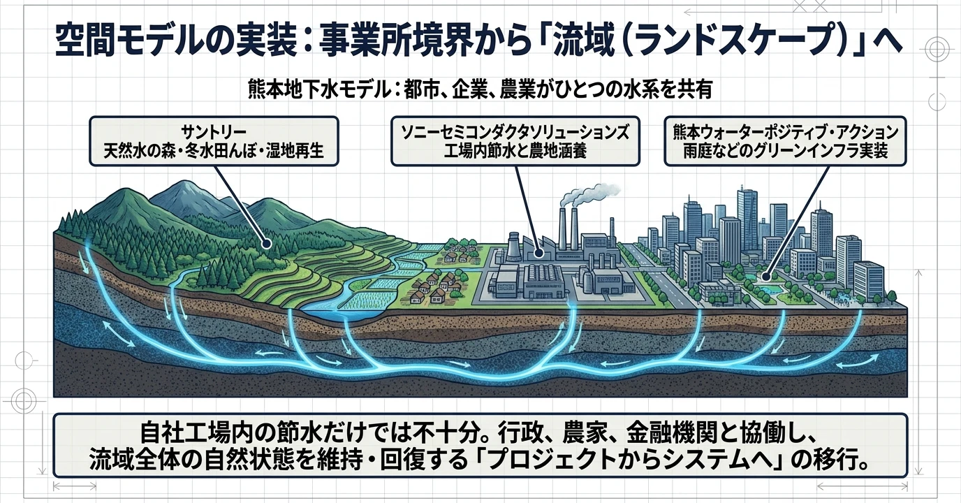 ネイチャーポジティブの要点をまとめた図: 事業所を含む流域全体を把握する