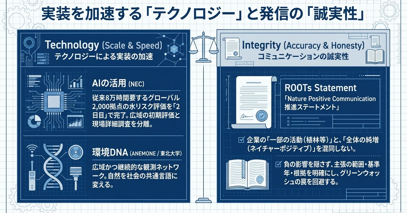 ネイチャーポジティブの要点をまとめた図: 技術の進歩と情報発信の信頼性
