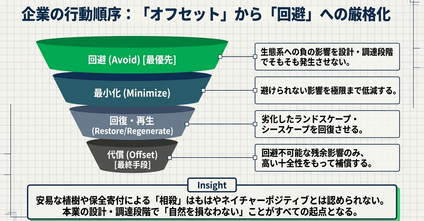 ネイチャーポジティブの要点をまとめた図: 自然への影響を抑える優先順位と企業の判断