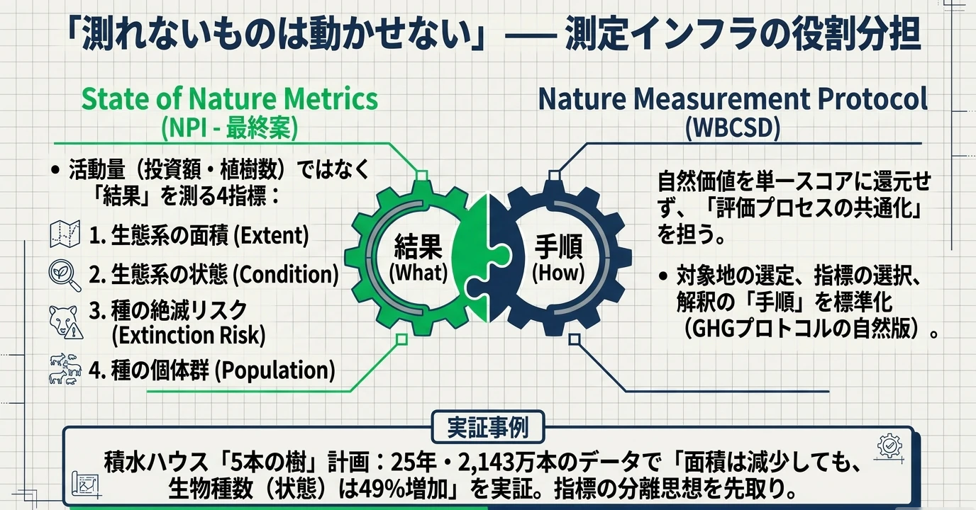 ネイチャーポジティブの要点をまとめた図: 測定する対象と方法を分けて考える