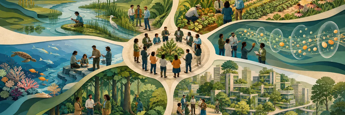 Ilustrasi bercabang ke tema air, pangan, keuangan, kota, hutan, dan laut