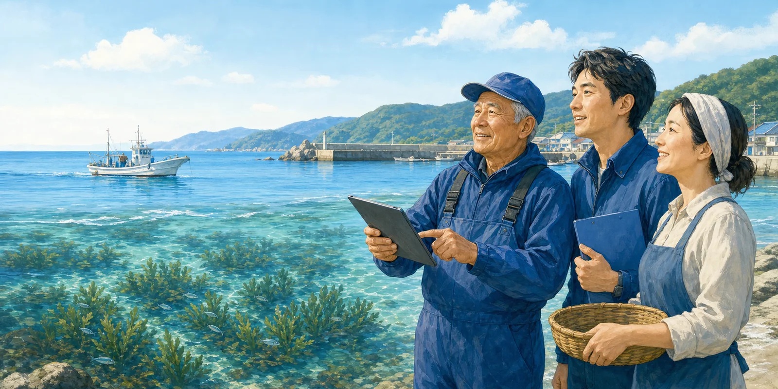 年配の漁業者、研究者、地域事業者が藻場を見ながらタブレットで計画する様子