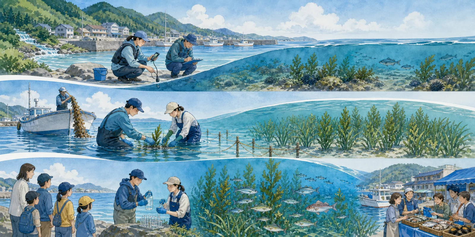 海を調べ、藻場を再生し、環境DNAと地域の成果を測って学びにつなげる三段階の様子